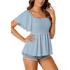 image:imageLYANER Womens Square Neck Smocked Peplum Blouse Top Ruffle Short Sleeve Flowy Babydoll Cute Shirt TopsLight Blue