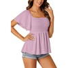 image:imageLYANER Womens Square Neck Smocked Peplum Blouse Top Ruffle Short Sleeve Flowy Babydoll Cute Shirt TopsPurple01