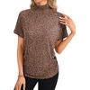 image:imageLYANER Womens Summer High Mock Neck Batwing Short Sleeve Shirt Top Asymmetric Hem Casual BlouseLeopard Brown