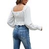 image:imageLYANER Womens Tie Knot V Neck Ruffle Trim Long Sleeve Shirred Crop Blouse Shirt TopWhite