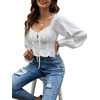 image:imageLYANER Womens Tie Knot V Neck Ruffle Trim Long Sleeve Shirred Crop Blouse Shirt TopWhite