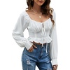 image:imageLYANER Womens Tie Knot V Neck Ruffle Trim Long Sleeve Shirred Crop Blouse Shirt TopWhite