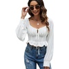 image:imageLYANER Womens Tie Knot V Neck Ruffle Trim Long Sleeve Shirred Crop Blouse Shirt TopWhite