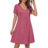 image:imageLYANER Womens V Neck A Line Lace Trim Nightgowns Ruffle Ruched Short Sleeve Sleep DressDark Pink