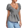 image:imageLYANER Womens V Neck Ruffle Hem Shirred Back Puff Short Sleeve Peplum Top BlouseBlack White