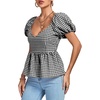image:imageLYANER Womens V Neck Ruffle Hem Shirred Back Puff Short Sleeve Peplum Top BlouseBlack White