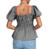 image:imageLYANER Womens V Neck Ruffle Hem Shirred Back Puff Short Sleeve Peplum Top BlouseBlack White