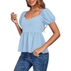 image:imageLYANER Womens V Neck Ruffle Hem Shirred Back Puff Short Sleeve Peplum Top BlouseDusty Blue