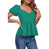 image:imageLYANER Womens V Neck Ruffle Hem Shirred Back Puff Short Sleeve Peplum Top BlouseGreen