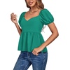 image:imageLYANER Womens V Neck Ruffle Hem Shirred Back Puff Short Sleeve Peplum Top BlouseGreen