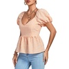 image:imageLYANER Womens V Neck Ruffle Hem Shirred Back Puff Short Sleeve Peplum Top BlouseOrange Plaid