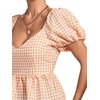 image:imageLYANER Womens V Neck Ruffle Hem Shirred Back Puff Short Sleeve Peplum Top BlouseOrange Plaid