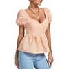 image:imageLYANER Womens V Neck Ruffle Hem Shirred Back Puff Short Sleeve Peplum Top BlouseOrange Plaid