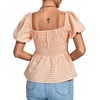 image:imageLYANER Womens V Neck Ruffle Hem Shirred Back Puff Short Sleeve Peplum Top BlouseOrange Plaid