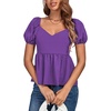 image:imageLYANER Womens V Neck Ruffle Hem Shirred Back Puff Short Sleeve Peplum Top BlousePurple