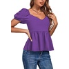image:imageLYANER Womens V Neck Ruffle Hem Shirred Back Puff Short Sleeve Peplum Top BlousePurple