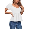 image:imageLYANER Womens V Neck Ruffle Hem Shirred Back Puff Short Sleeve Peplum Top BlouseWhite