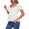 image:imageLYANER Womens V Neck Ruffle Hem Shirred Back Puff Short Sleeve Peplum Top BlouseWhite