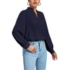 image:imageLYANER Womens V Neck Shirred Long Sleeve Office Elegant Tunic Blouse TopNavy Blue