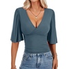image:imageLYANER Womens V Neck Wrap Dressy Tops for Women Elegant Ruffle Short Sleeve Business Casual BlouseDenim Blue