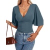 image:imageLYANER Womens V Neck Wrap Dressy Tops for Women Elegant Ruffle Short Sleeve Business Casual BlouseDenim Blue