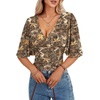 image:imageLYANER Womens V Neck Wrap Dressy Tops for Women Elegant Ruffle Short Sleeve Business Casual BlouseLeaves and Branches