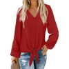 image:imageLYANER Womens Casual V Neck Long Sleeve Tie Front Knot Button Down Shirt Blouse TopSolid Red