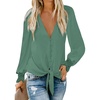 image:imageLYANER Womens Casual V Neck Long Sleeve Tie Front Knot Button Down Shirt Blouse TopTurquoise