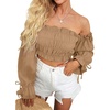 image:imageLYANER Womens Corset Off Shoulder Puff Long Sleeve Ruffle Tie Front Crop Top Blouse ShirtKhaki