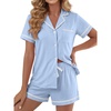 image:imageLYANER Womens Cotton Pajamas Set Button Short Sleeve Shirt with Shorts Set PJs LoungewearBlue