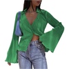 image:imageLYANER Womens Deep V Neck Button Front Bell Long Sleeve Blouse Shirt TopGrass Green
