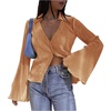 image:imageLYANER Womens Deep V Neck Button Front Bell Long Sleeve Blouse Shirt TopOrange