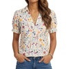 image:imageLYANER Womens Floral Collared V Neck Puff Short Sleeve Dressy Casual Blouse TopsBeige