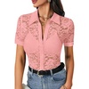 image:imageLYANER Womens Lace Tops Button Up Sexy Short Sleeve Shirt Dressy Casual Sheer Top Collared BlouseLight Pink
