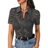 image:imageLYANER Womens Lace Tops Button Up Sexy Short Sleeve Shirt Dressy Casual Sheer Top Collared BlouseSolid Deep Grey