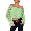 image:imageLYANER Womens Off Shoulder Floral Mesh Long Sleeve Ruffle Trim Crop Blouse TopLight Green