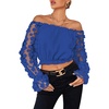 image:imageLYANER Womens Off Shoulder Floral Mesh Long Sleeve Ruffle Trim Crop Blouse TopRoyal Blue