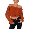 image:imageLYANER Womens Off Shoulder Floral Mesh Long Sleeve Ruffle Trim Crop Blouse TopRust Red