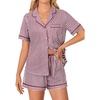 image:imageLYANER Womens Pajama Sets Striped Button Down Pj Set Sleepwear Shirt and Shorts LoungewearRed
