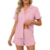 image:imageLYANER Womens Pajamas Set Button Down V Neck Short Sleeve Ruffle Pjs Top with Shorts SleepwearPink