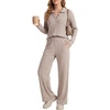 image:imageLYANER Womens Ribbed Knit Lounge Set 2 Piece Long Sleeve V Neck Cozy Pajamas Sets Soft SleepwearKhaki