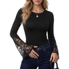 image:imageLYANER Womens Round Neck Lace Bell Long Sleeve Fitted Going Out Blouse Top ShirtBlack