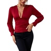 image:imageLYANER Womens Ruched Long Sleeve Low Cut Strenchy Elastic Waist Blouse Shirt TopBurgundy