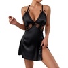 image:imageLYANER Womens Satin Lace V Neck Chemise Lingerie Split Slit Babydoll Nightgown Nightdress SleepwearBlack
