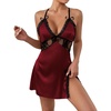 image:imageLYANER Womens Satin Lace V Neck Chemise Lingerie Split Slit Babydoll Nightgown Nightdress SleepwearBurgundy