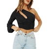 image:imageLYANER Womens Sexy One Shoulder Cut Out Bishop Long Sleeve Crop Tee Blouse TopBlack