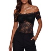 image:imageLYANER Womens Sheer Floral Lace Off the Shoulder Short Sleeve Slim Fit Y2k Blouse TopsBlack