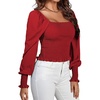 image:imageLYANER Womens Square Neck Ruffle Trim Shirred Puff Long Sleeve Crop Top Blouse ShirtRed