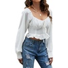image:imageLYANER Womens Tie Knot V Neck Ruffle Trim Long Sleeve Shirred Crop Blouse Shirt TopWhite