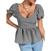 image:imageLYANER Womens V Neck Ruffle Hem Shirred Back Puff Short Sleeve Peplum Top BlouseBlack White